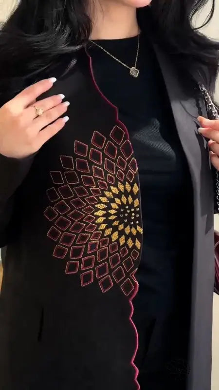 Cozy embroidery loose long trench coat in black with burgundy gold geometric design