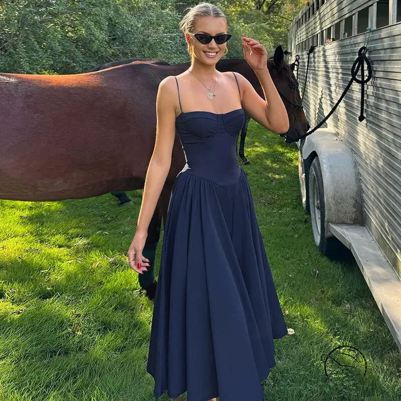 Navy blue spaghetti strap backless sling dress