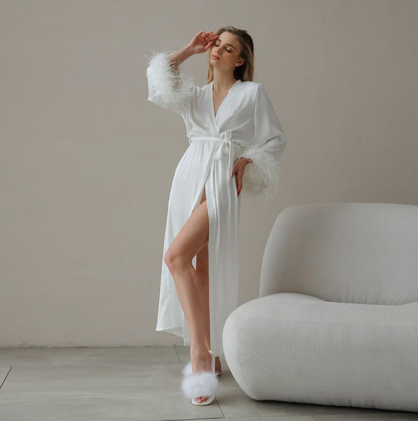 Elegant long sleeve Comfy Silk Feather Nightgown with white feather-trimmed robe