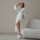 Elegant long sleeve Comfy Silk Feather Nightgown with white feather-trimmed robe