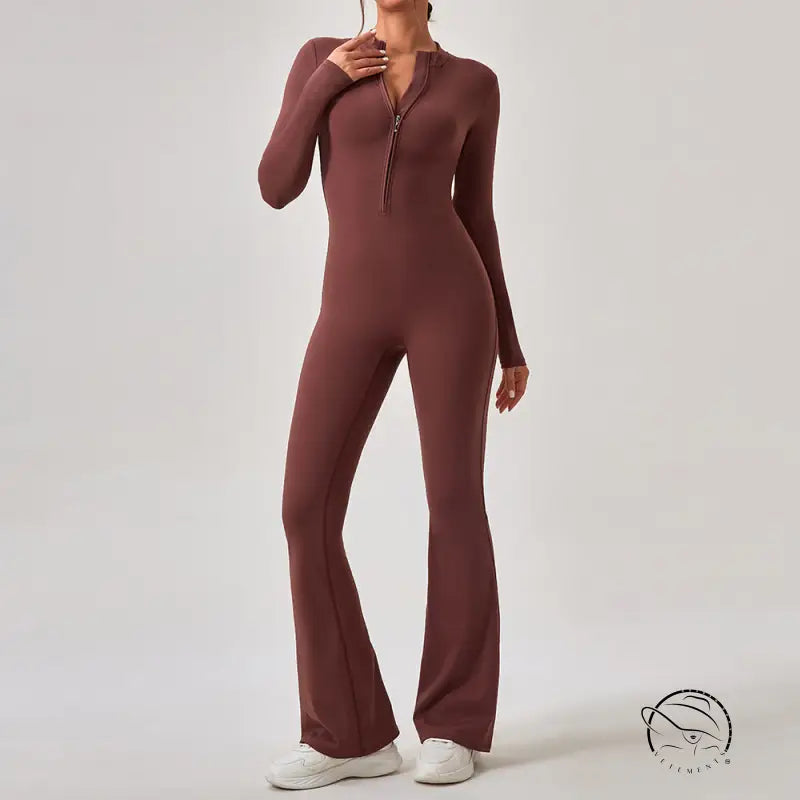 Brown long-sleeved zip-front Comfy One Piece Sportswear jumpsuit with flared legs