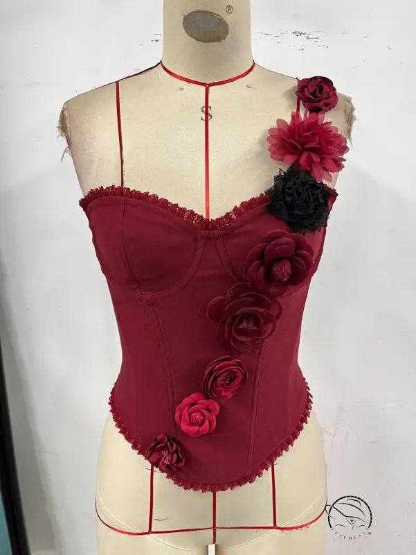 Burgundy handmade lace boning corset with floral design and lace trim