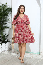 Red and white geometric print wrap dress with flutter sleeves from Langry fashion ملابس
