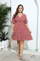 Casual V neck loose dress in red and white geometric print with flutter sleeves