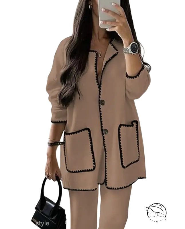 Beige blazer with black scalloped trim in camel suit bag set