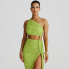 Lime green one-shoulder dress with high slit, a stunning addition to your fashion wardrobe