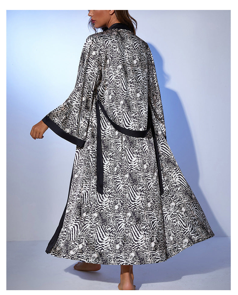 Langry black and white zebra print satin nightgown robe with high collar