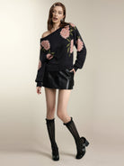 Langry black floral one-shoulder fashion dress with boots