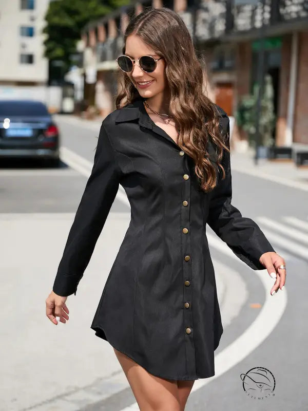 Beautiful short long sleeve black button-down shirt dress