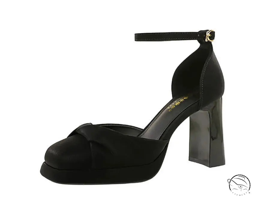 Strap super high heel in black satin with gold buckle ankle strap