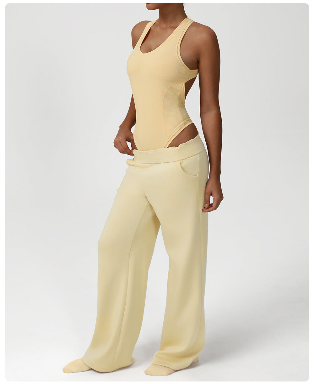 Cream-colored Langry fashion jumpsuit with cutout and high-waisted sweatpants
