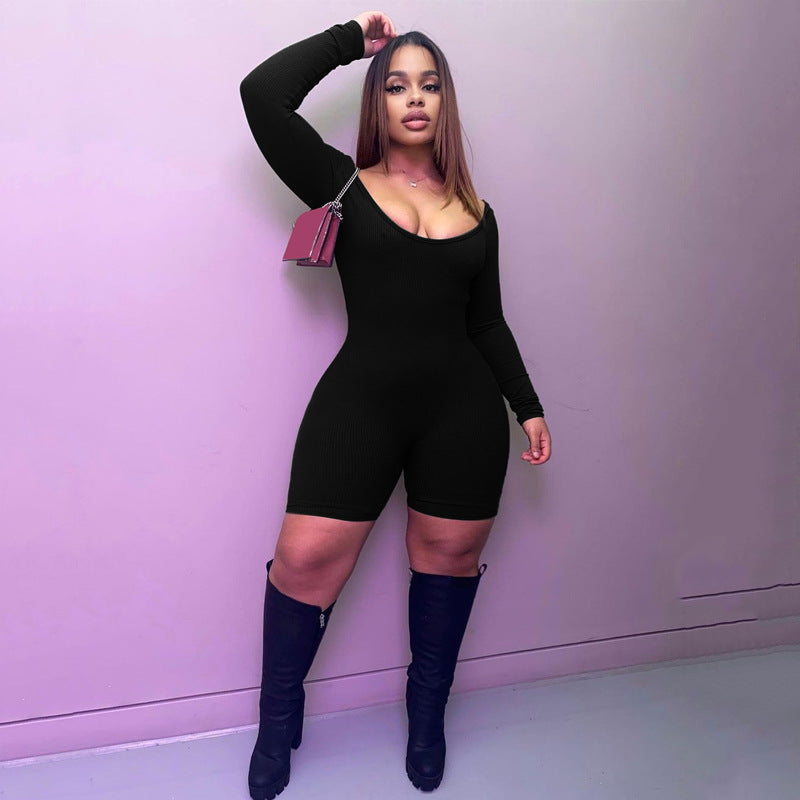 Women Clothing Winter Solid Color Rib u Neck Long Sleeved Slim Fit Hip Raise Sports Jumpsuit