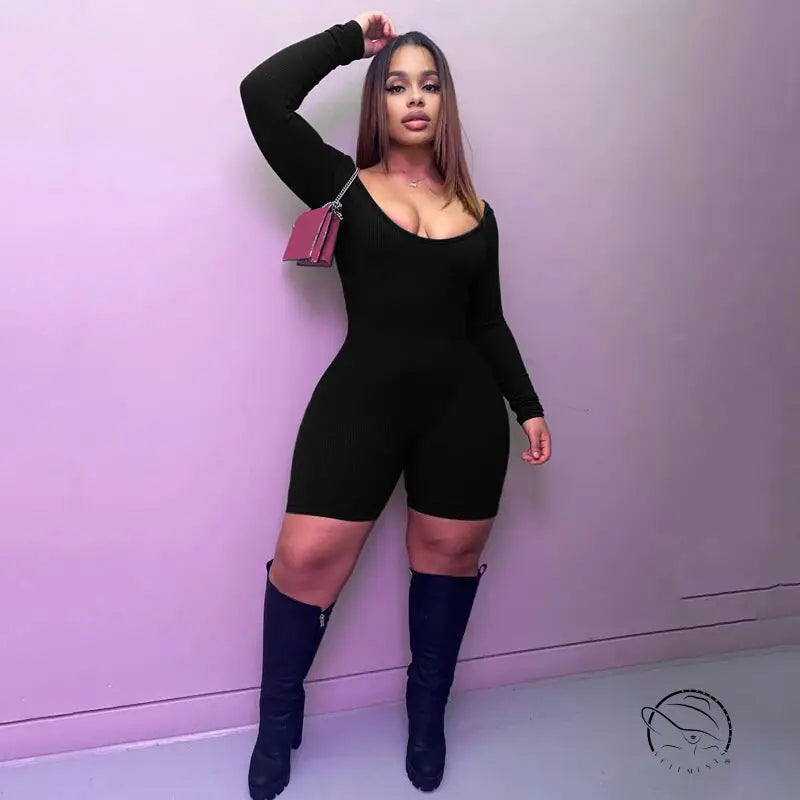 Women Clothing Winter Solid Color Rib u Neck Long Sleeved Slim Fit Hip Raise Sports Jumpsuit