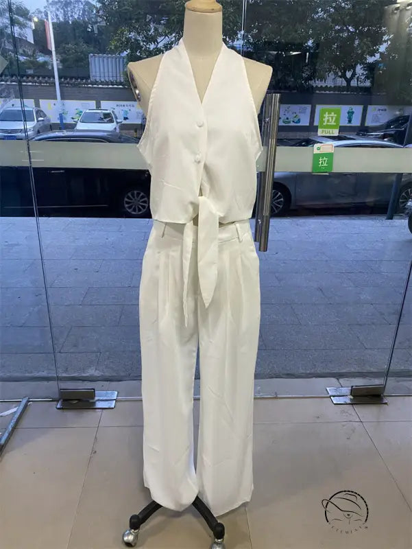 Elegant white halter office jumpsuit set in top and pants