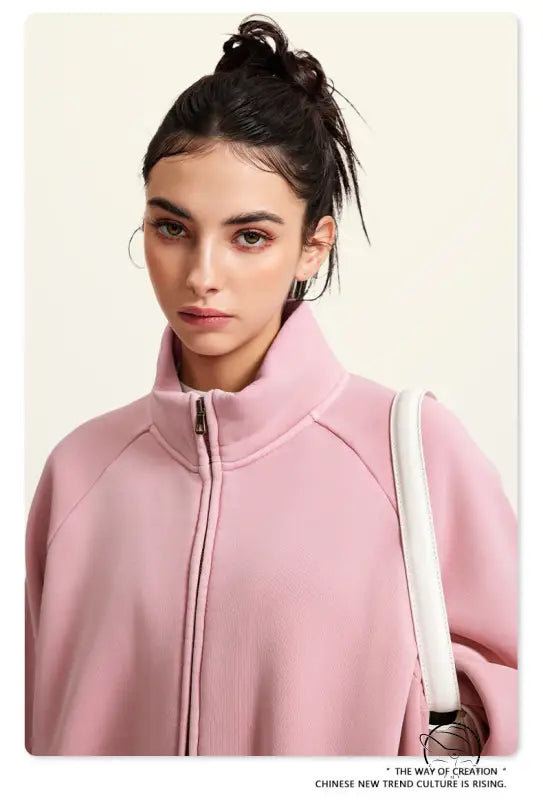 Pink zip-up turtleneck winter heavy retro jacket with raglan sleeves
