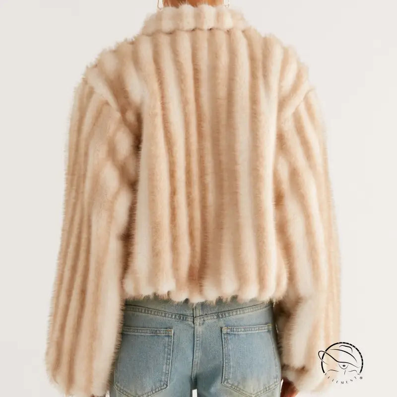 Beige faux fur cropped jacket by Langry Fashion with button-down front