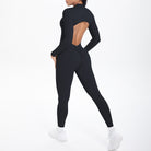 Black long sleeve yoga bodysuit with back cutout, Langry fashion