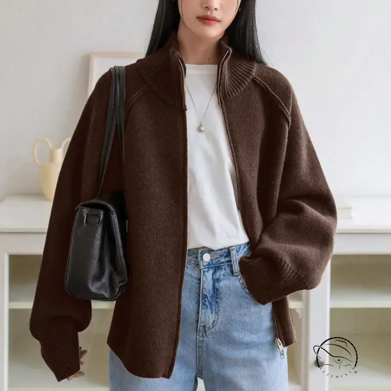 Winter Korean Stand Collar Zipper Knitted Cardigan Top