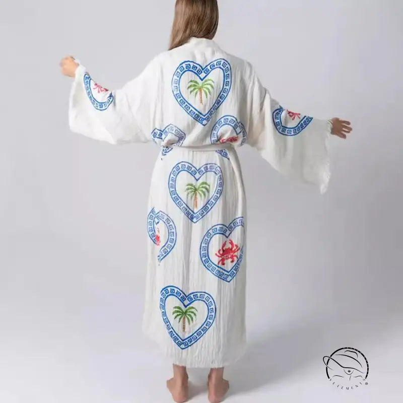 White loose positioning printed cotton robe with heart palm trees and crabs