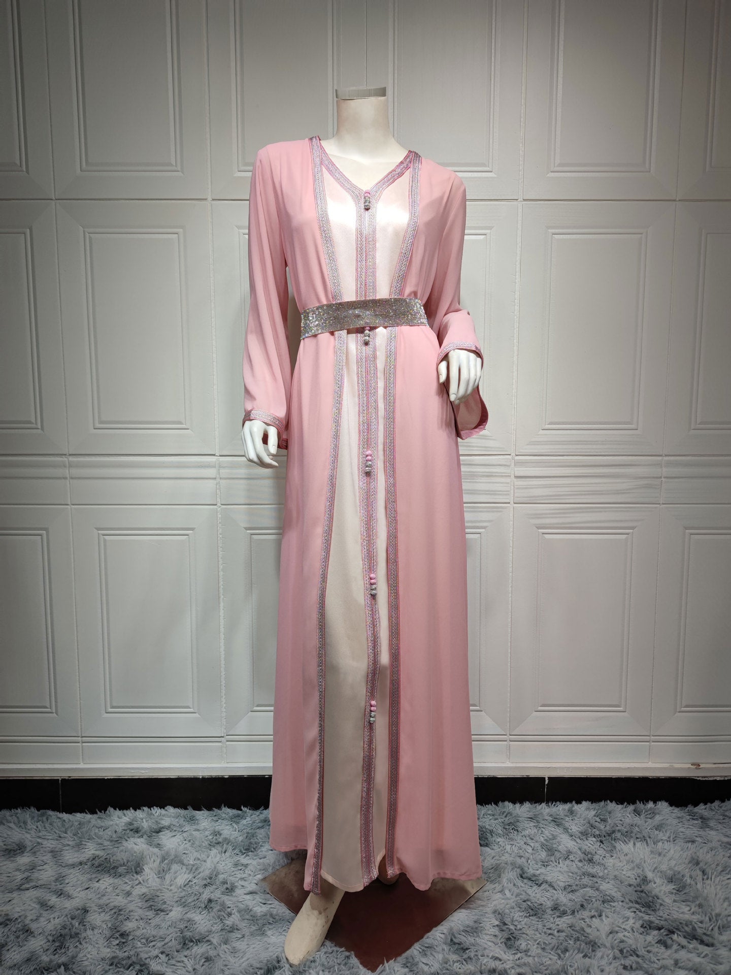Stylish langry fashion pink and silver two-piece dress with belt