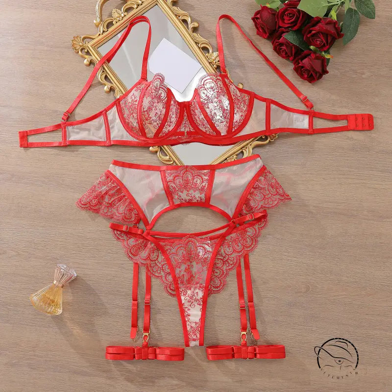 Red and white lace underwear four piece set with garter straps