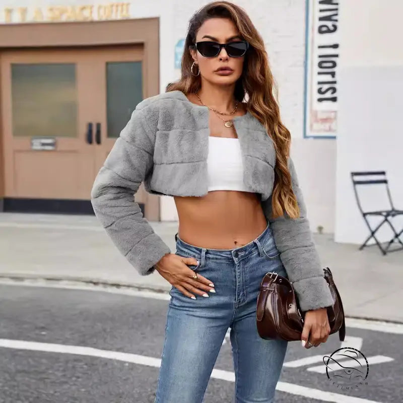 Langry ultra short faux fur coat in gray fashion style