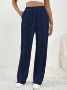 Navy blue high waist wide leg sweatpants with side pockets for casual fashion