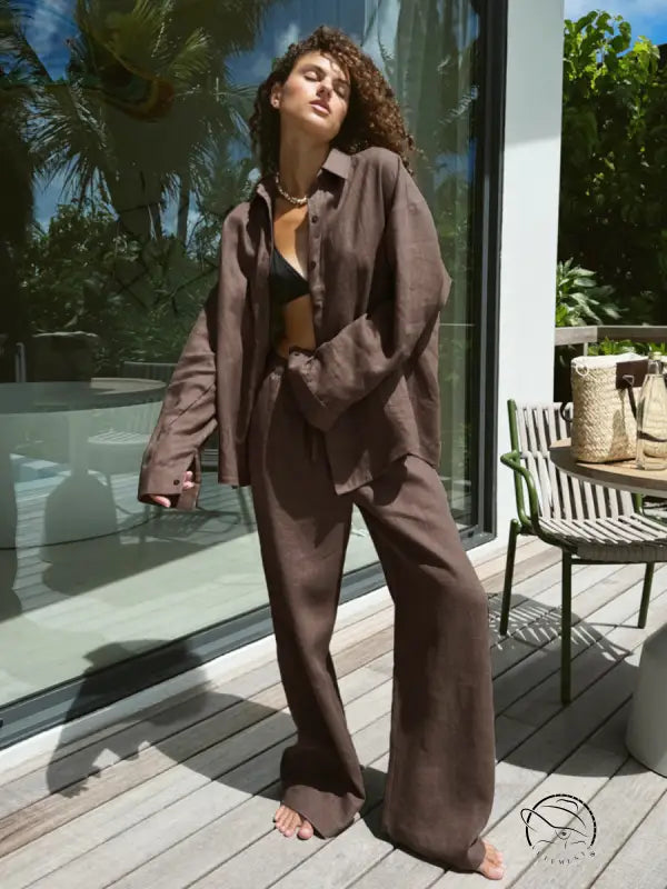 Woman in brown linen suit from Langry cotton shirt fashion set