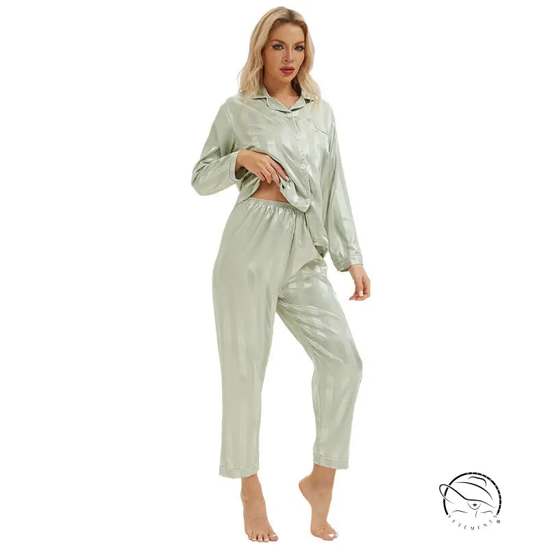 Sleek mint green langry fashion pajamas with bold stripes shirt and trousers