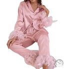 Elegant pajamas suit in pink satin ice silk with fluffy feather trim