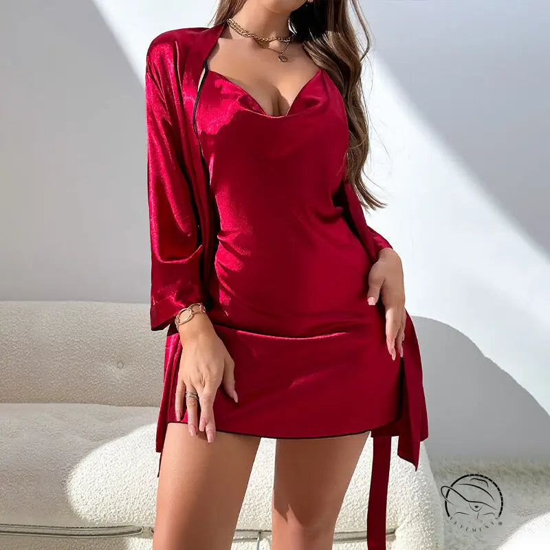 Red velvet mini dress in casual imitated silk pajamas style
