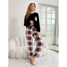 Women’s winter long sleeve trousers home wear set with plaid pocket and matching plaid pants
