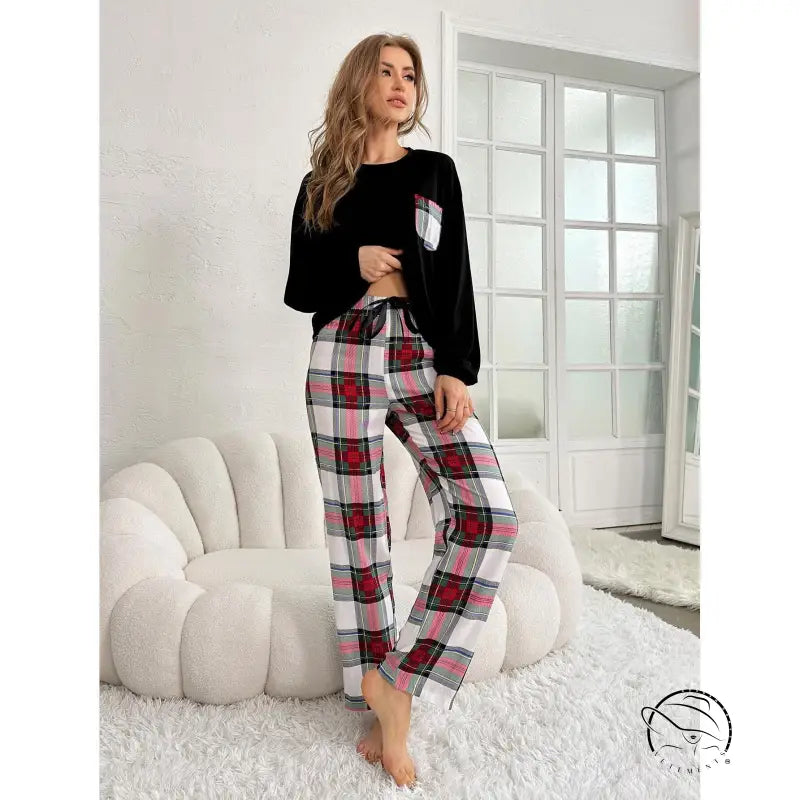 Women’s winter long sleeve black top with plaid pocket and matching pajama pants
