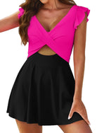 Hot pink and black dress with ruffle cap sleeves, perfect for fashionable swimwear