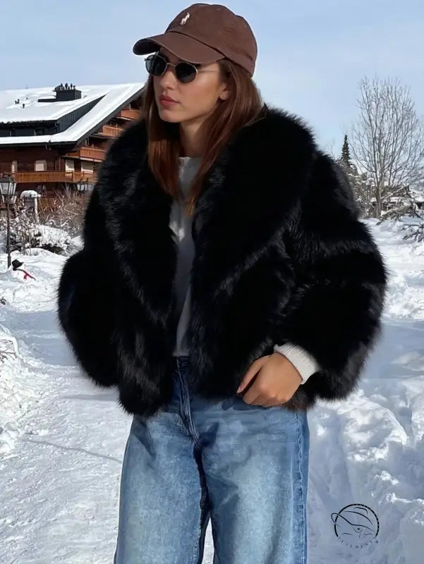 Faux fur effect plush coat with black fur and fox collar