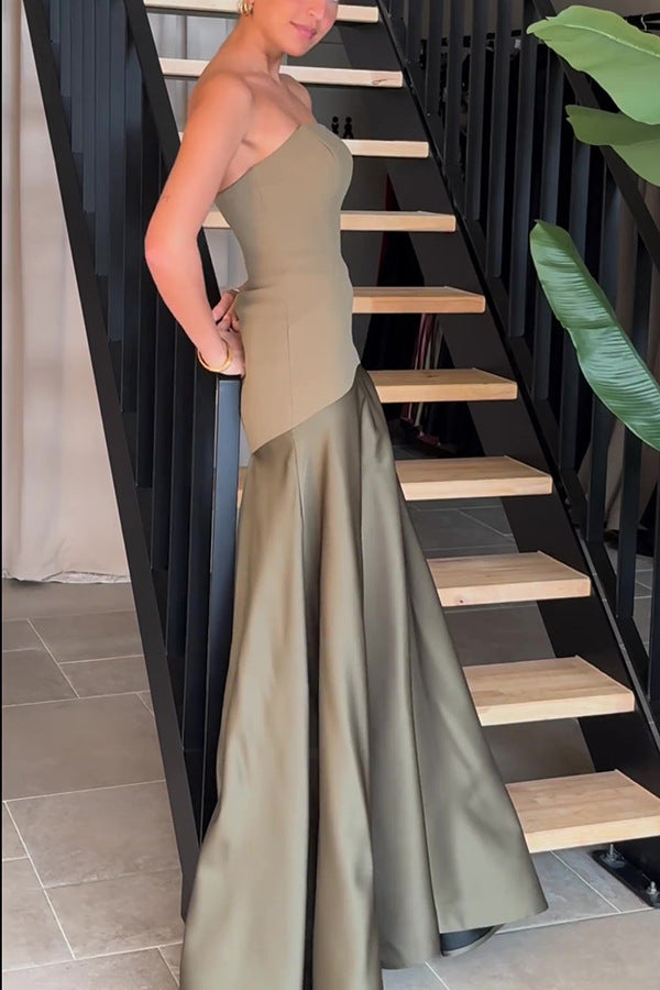 Elegant Olive Green One-Shoulder Gown from Beautiful Satin Dress for trendy fashion ملابس