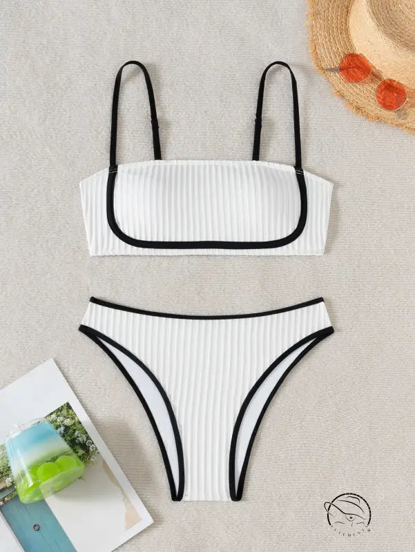 Beautiful black white ribbed bikini with bandeau top