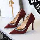 Burgundy suede Rhinestone Cocktail Stiletto Heel pumps with rhinestone toe