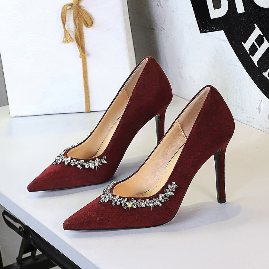Burgundy suede Rhinestone Cocktail Stiletto Heel pumps with rhinestone toe