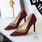 Burgundy suede Rhinestone Cocktail Stiletto Heel with fashion rhinestones