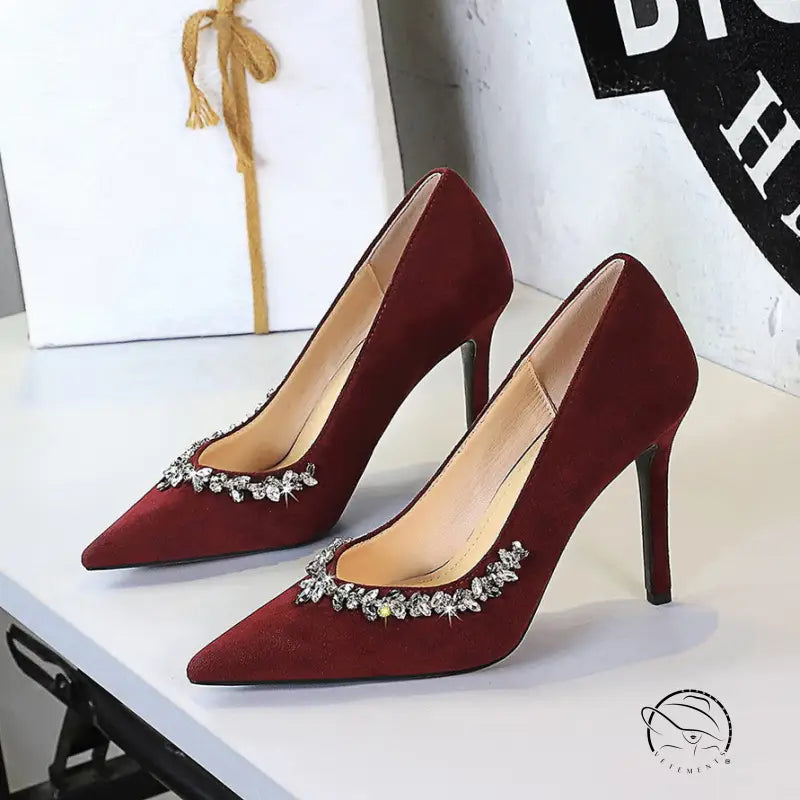 Burgundy suede Rhinestone Cocktail Stiletto Heel with fashion rhinestones