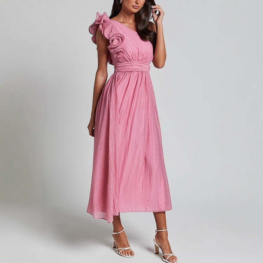 Pink ruffled midi dress with flutter sleeves and gathered waist for stylish fashion ملابس