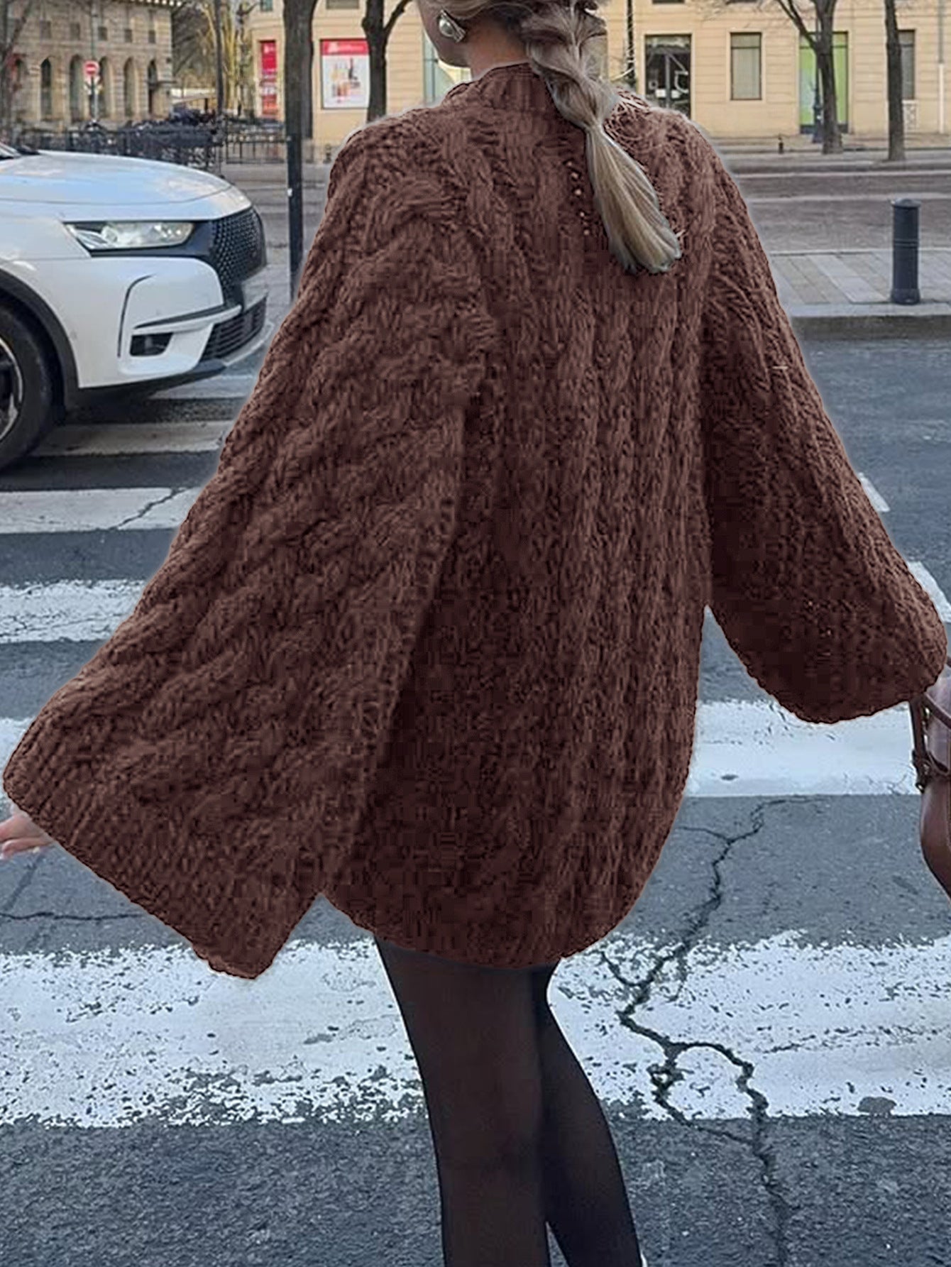 Brown fluffy cable knit long sleeve wool coat with pearl embellishments