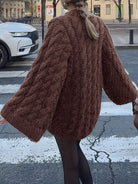 Brown fluffy cable knit long sleeve wool coat with pearl embellishments