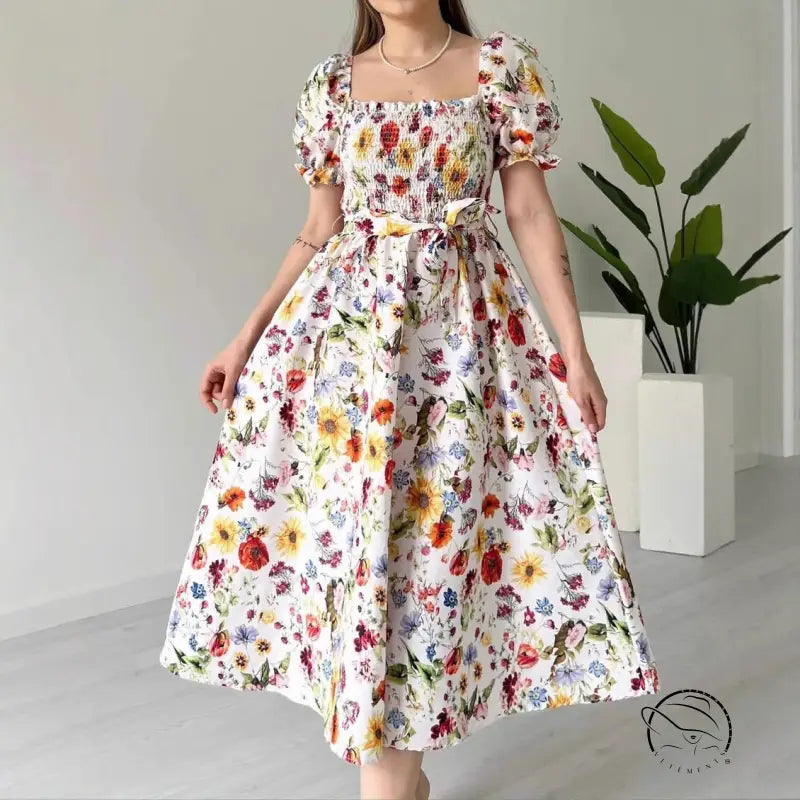 Casual puff sleeve floral A-line dress with square neckline and tie waist