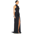 Langry fashion black high-slit evening gown with ruffled waist detail