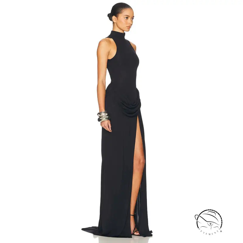 Gorgeous high split tight waist dress in black with ruffled detail