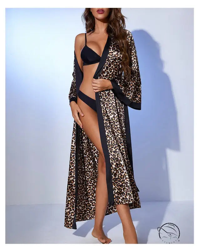 Loose long tie satin nightgown in leopard print with navy trim