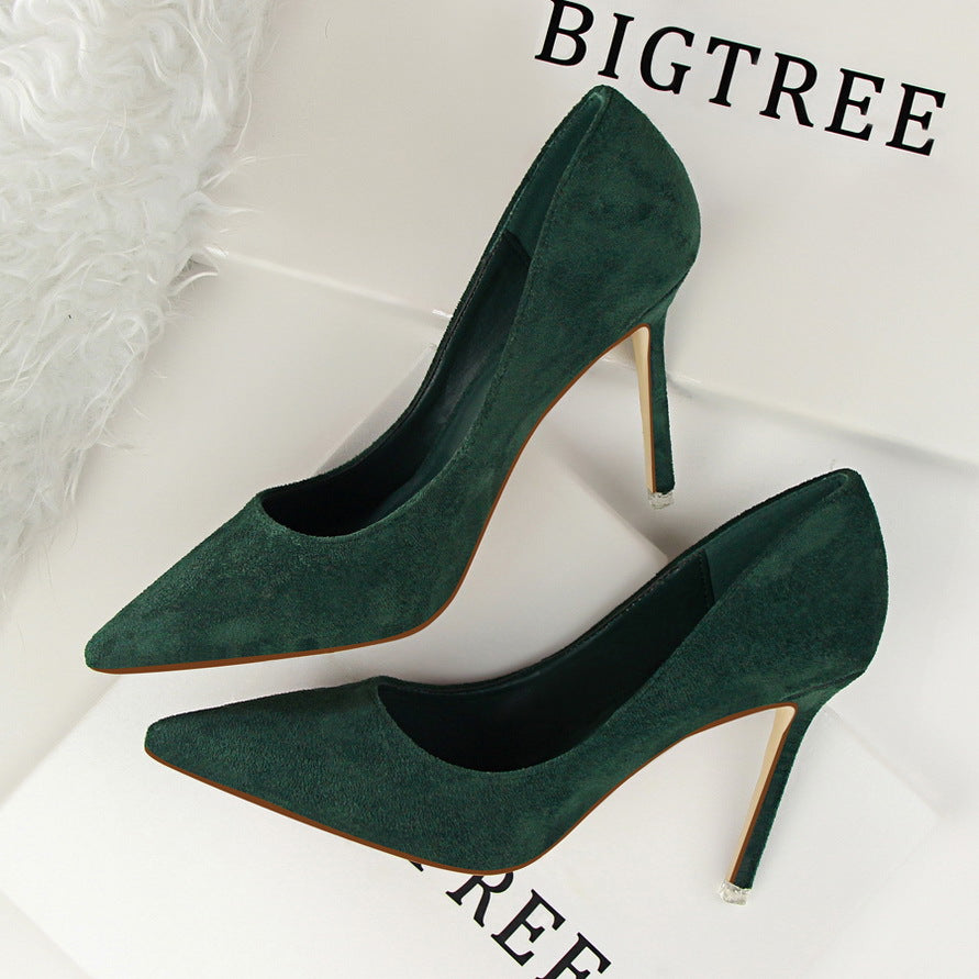 Langry green suede pointed-toe high heel pumps with gold heels for fashion office wear