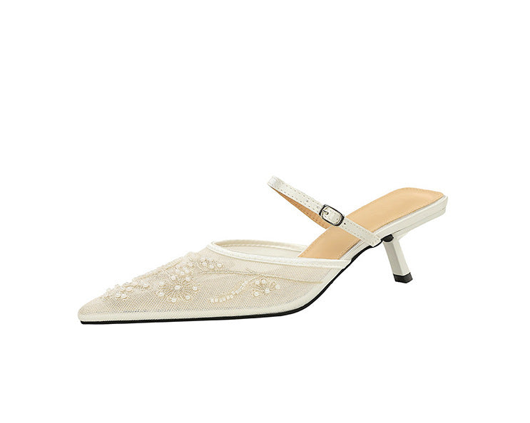 Langry fashion cream kitten heel mule with floral embroidery and white buckle